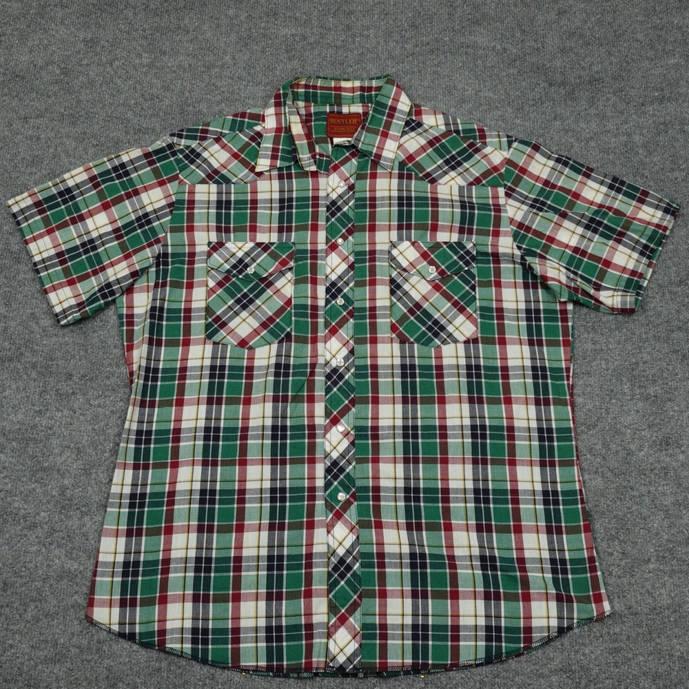 Rustler Shirt Men XL Green Plaid Pearl Snap Western Short Sleeve X-Long Tails